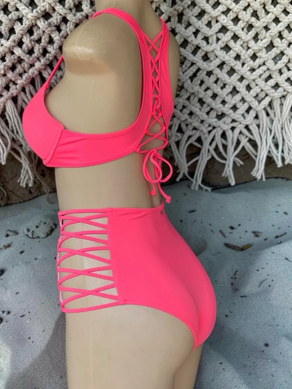 PINK Victoria’s Secret Neon Pink High-Waisted Bikini & Push-Up Swim Top Set - Picture 12 of 15